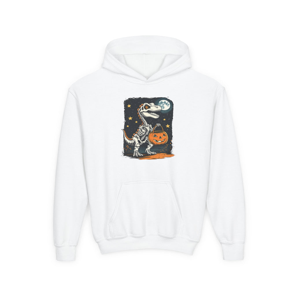 Youth Halloween Dino Hoodie — T-Rex with Jack-O'-Lantern & Moon
