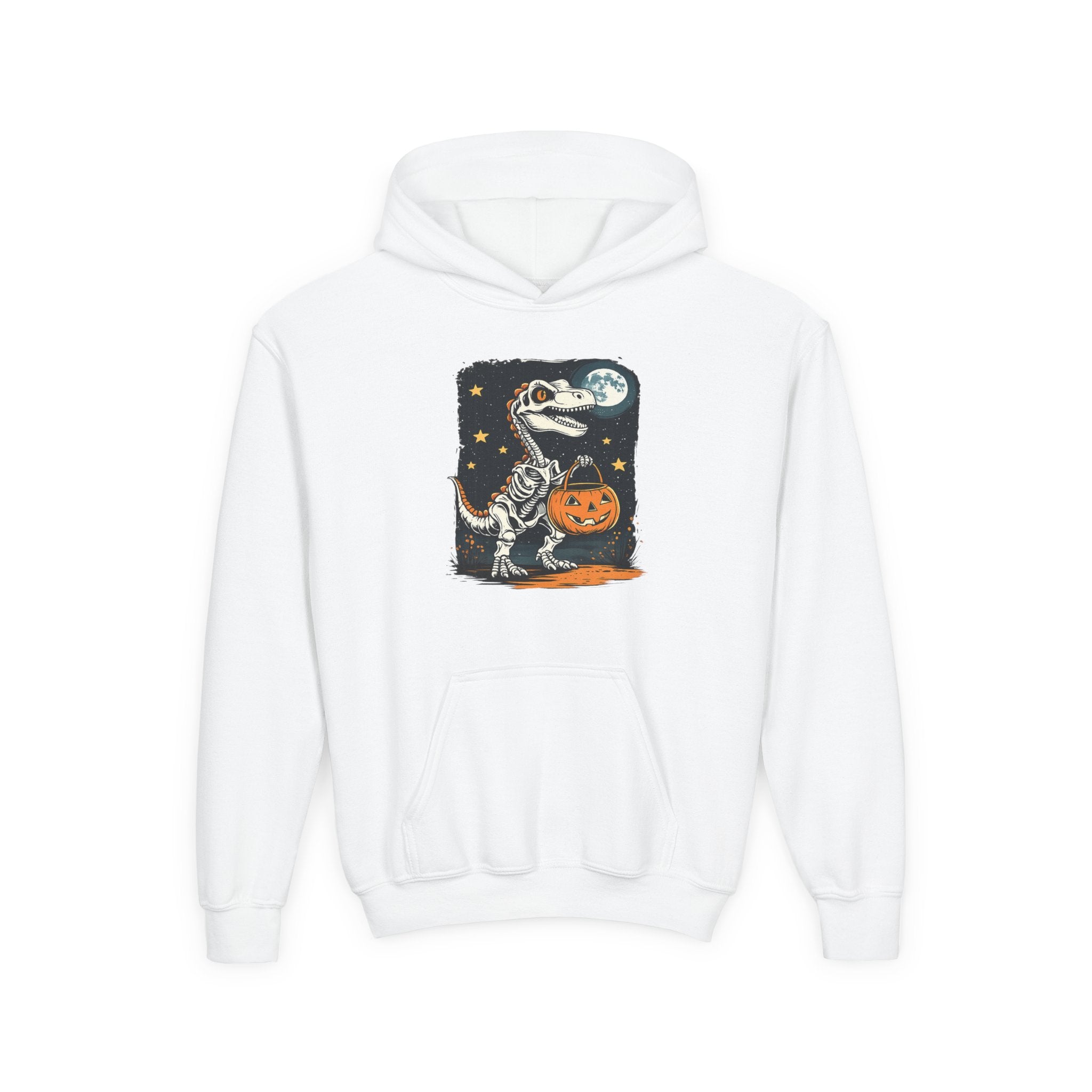 Youth Halloween Dino Hoodie — T-Rex with Jack-O'-Lantern & Moon