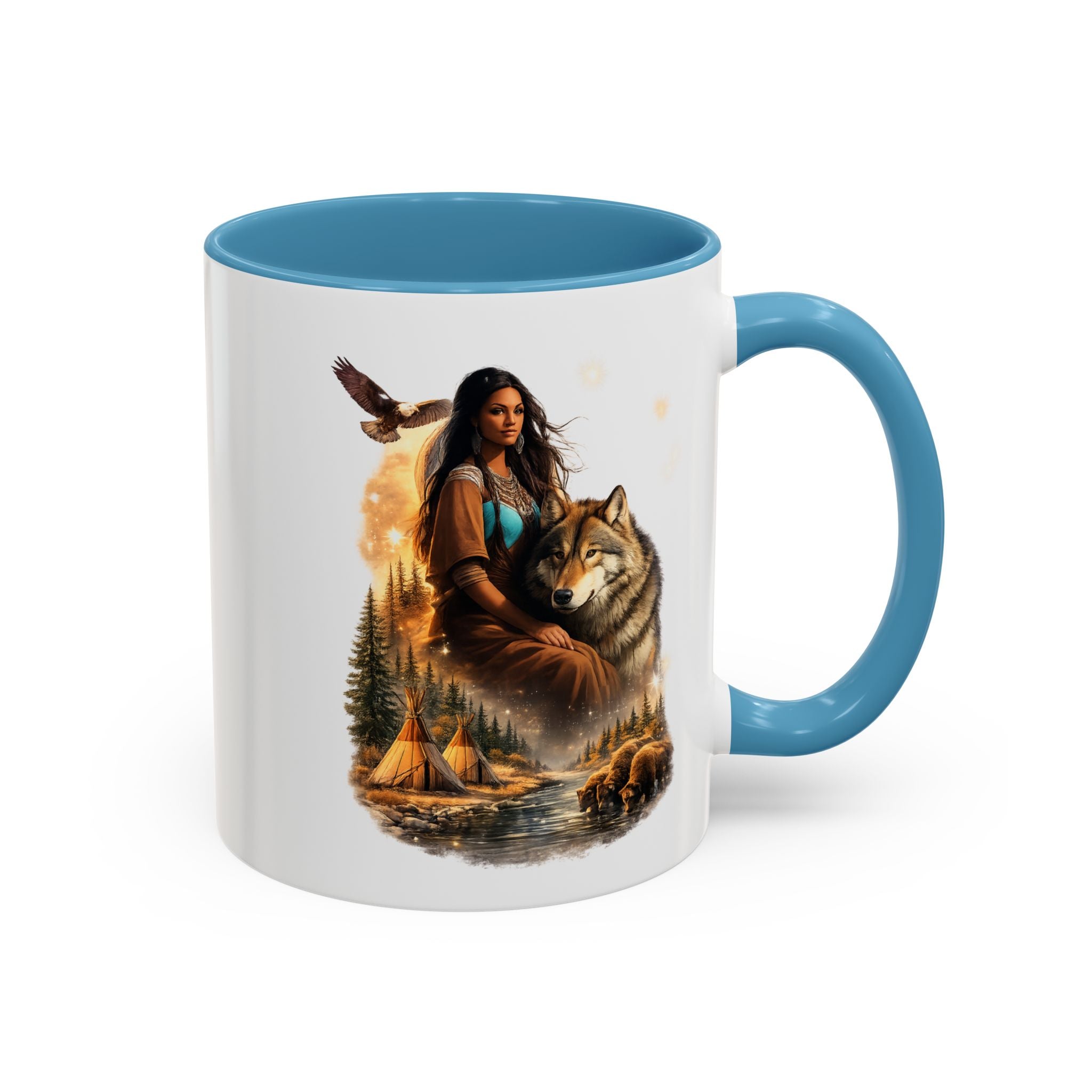 Native Spirit Accent Coffee Mug — Woman, Wolf & Teepee Scenic Artwork (11/15oz)