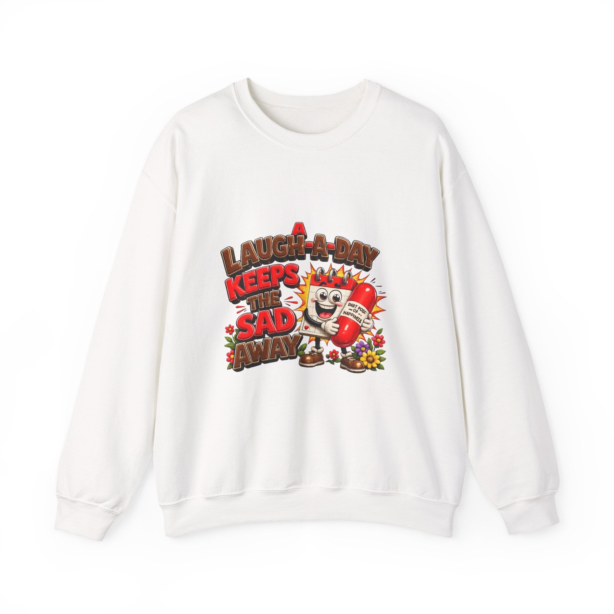 Crewneck Sweatshirt — "A Laugh a Day Keeps the Sad Away" Retro Cartoon Graphic