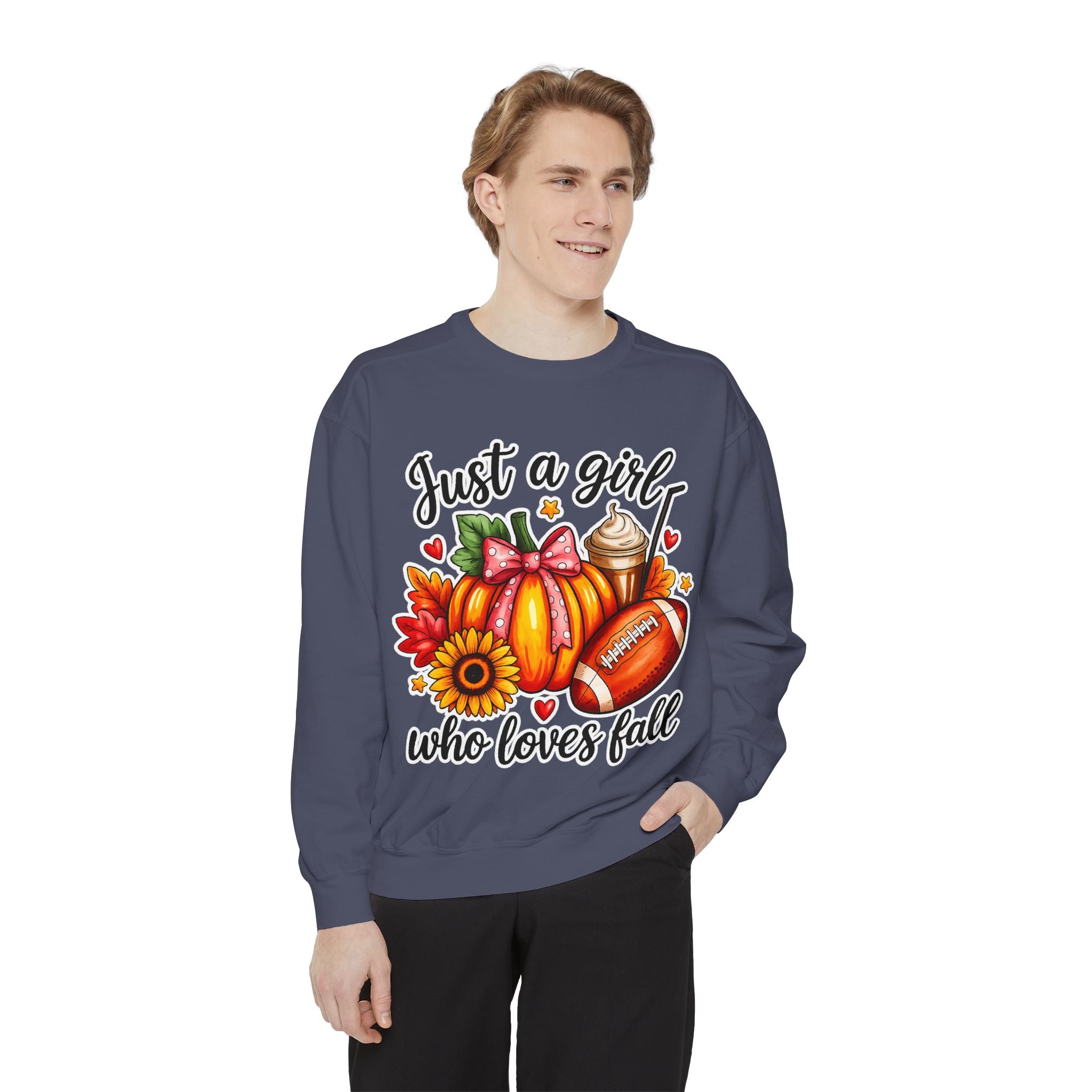Fall Graphic Sweatshirt — "Just a girl who loves fall" Cozy Autumn Pullover