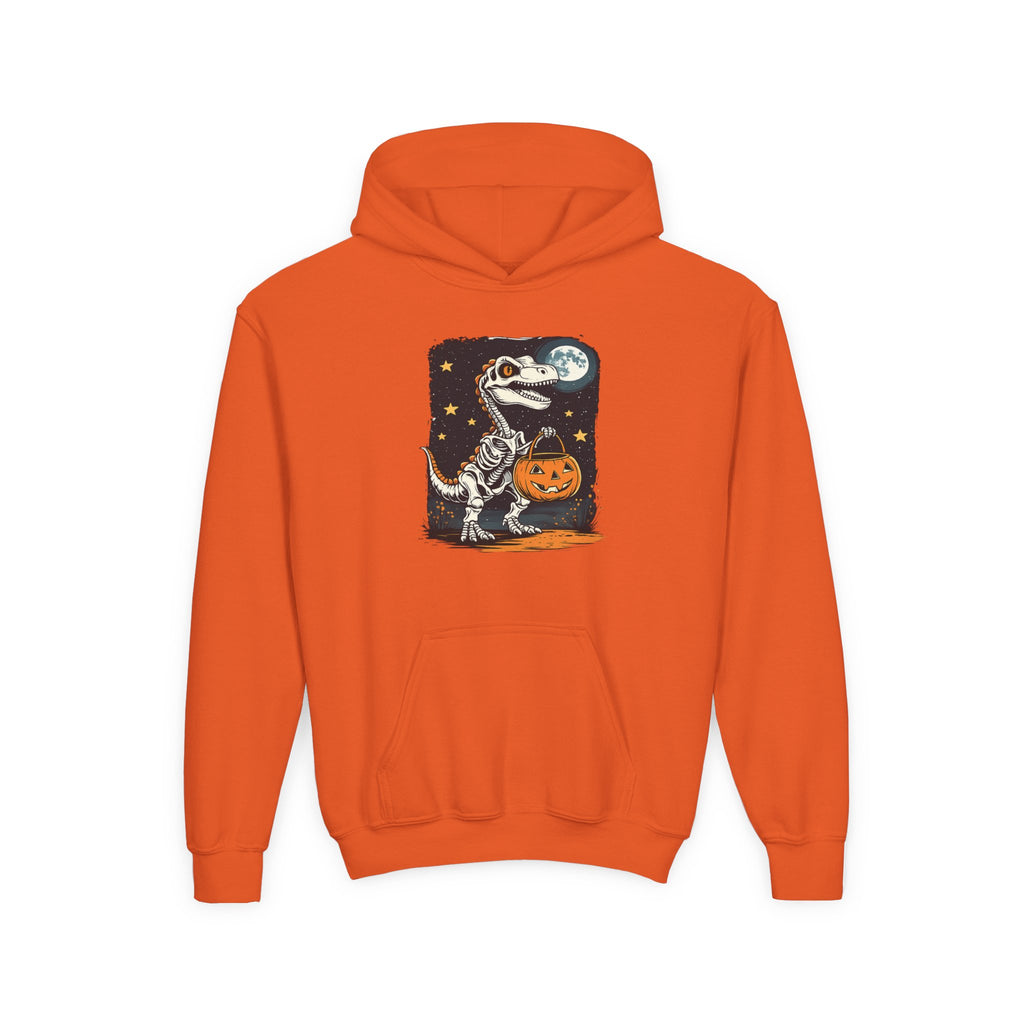 Youth Halloween Dino Hoodie — T-Rex with Jack-O'-Lantern & Moon