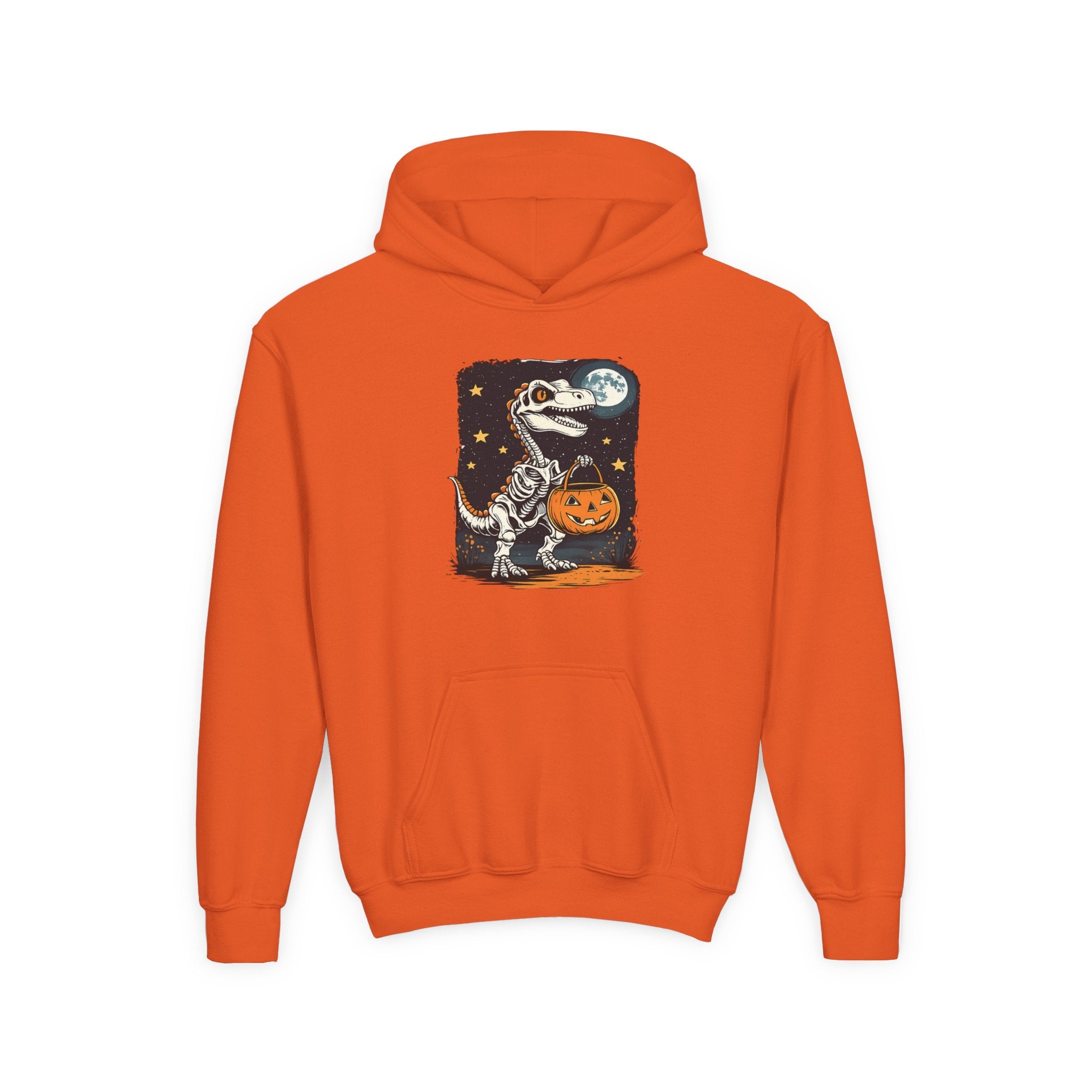 Youth Halloween Dino Hoodie — T-Rex with Jack-O'-Lantern & Moon