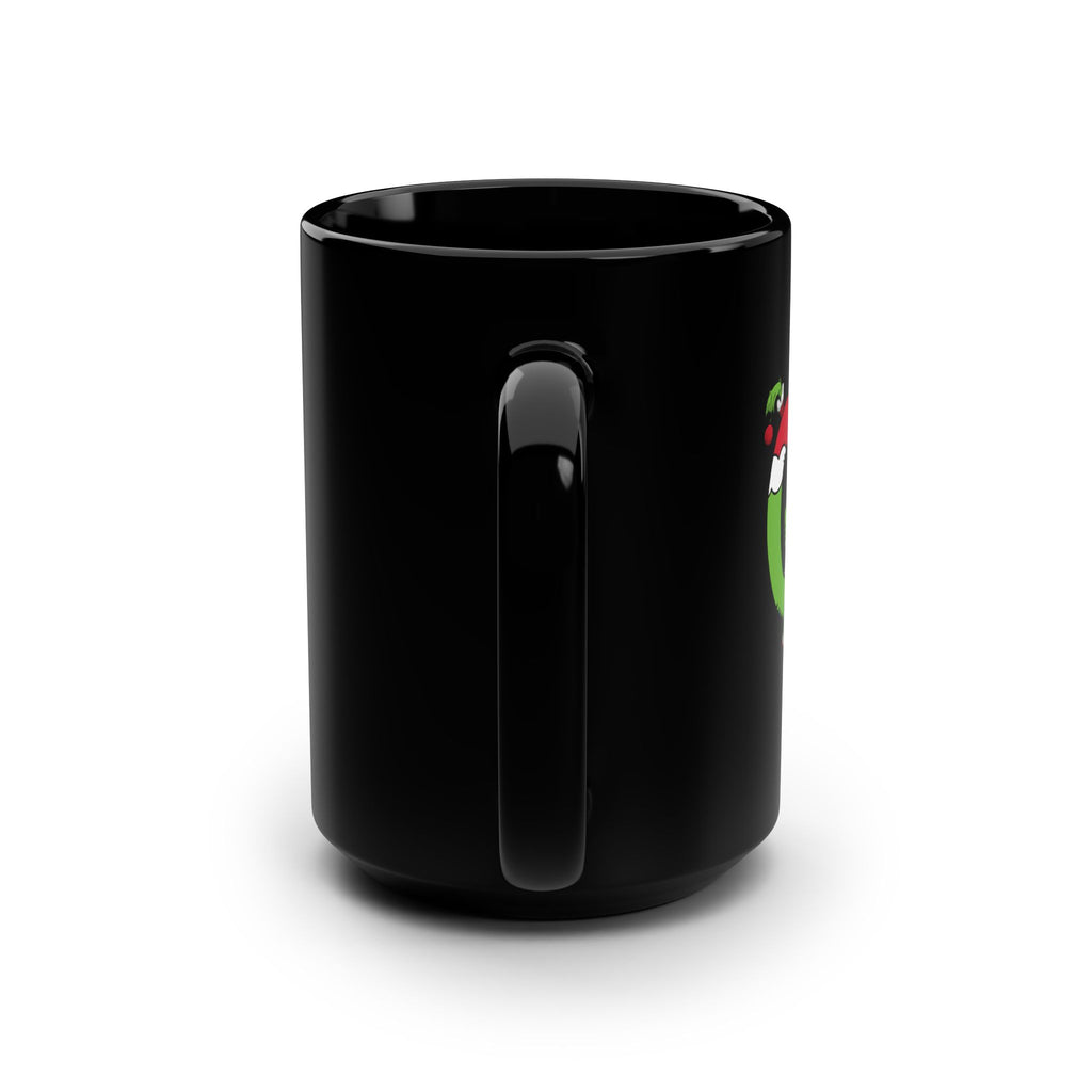 Christmas Hug 15oz Black Mug — Festive Holiday Coffee Cup with Gingerbread & Santa Hat Lettering