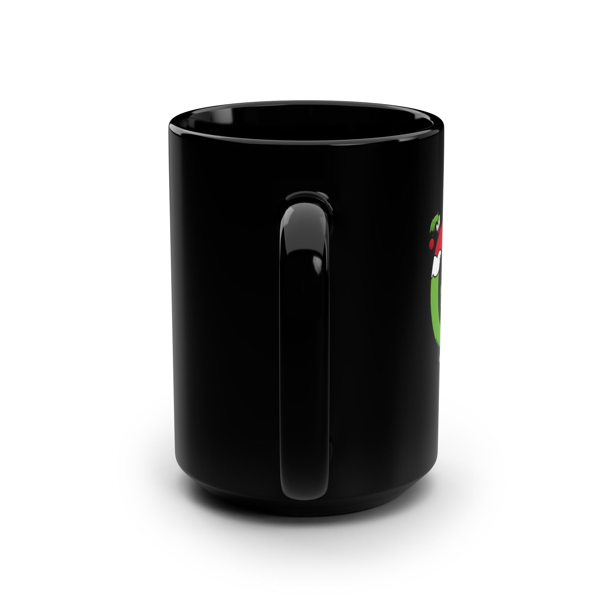 Christmas Hug 15oz Black Mug — Festive Holiday Coffee Cup with Gingerbread & Santa Hat Lettering