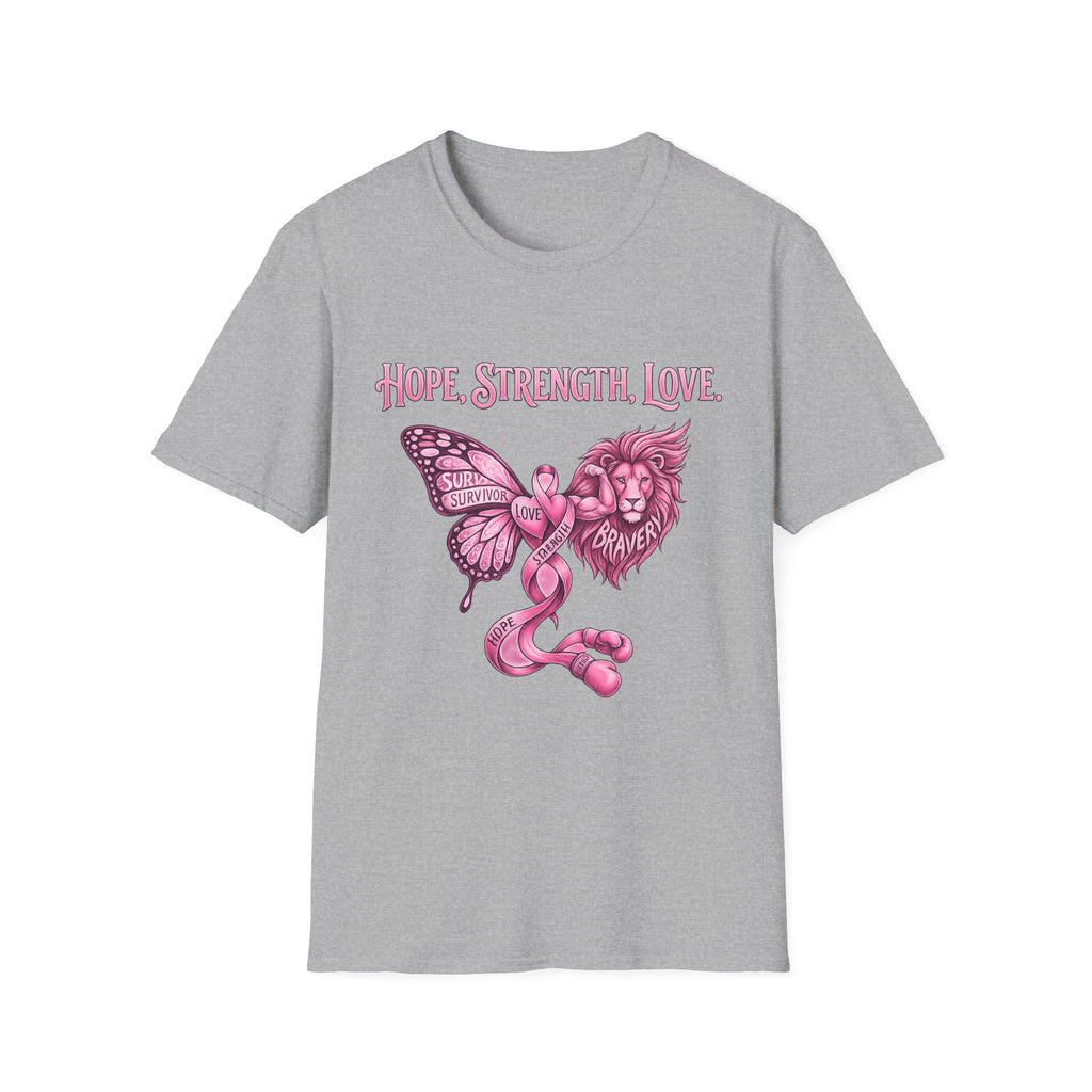 Hope, Strength, Love Breast Cancer Awareness T-Shirt — Pink Ribbon Survivor Lion Butterfly