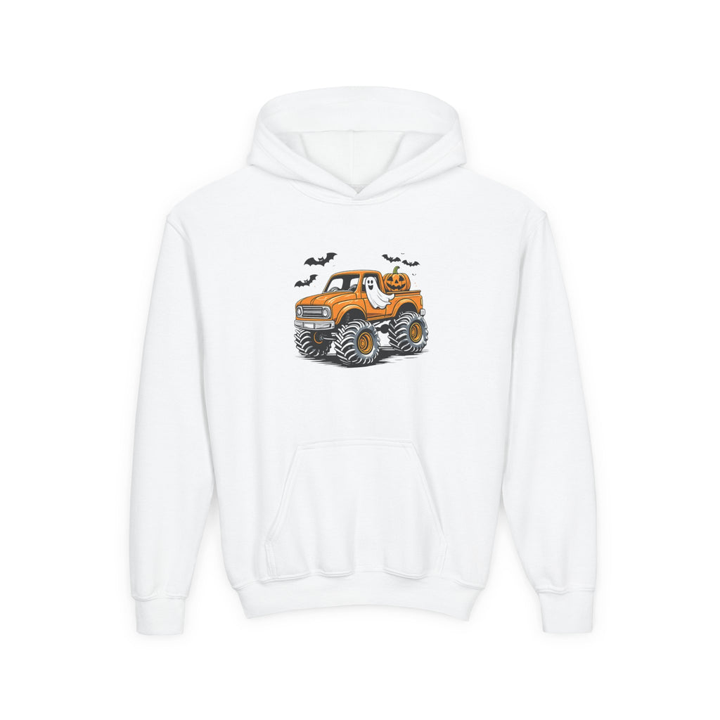 Youth Hoodie – Halloween Monster Truck Kids Pullover (Orange Truck with Bats)