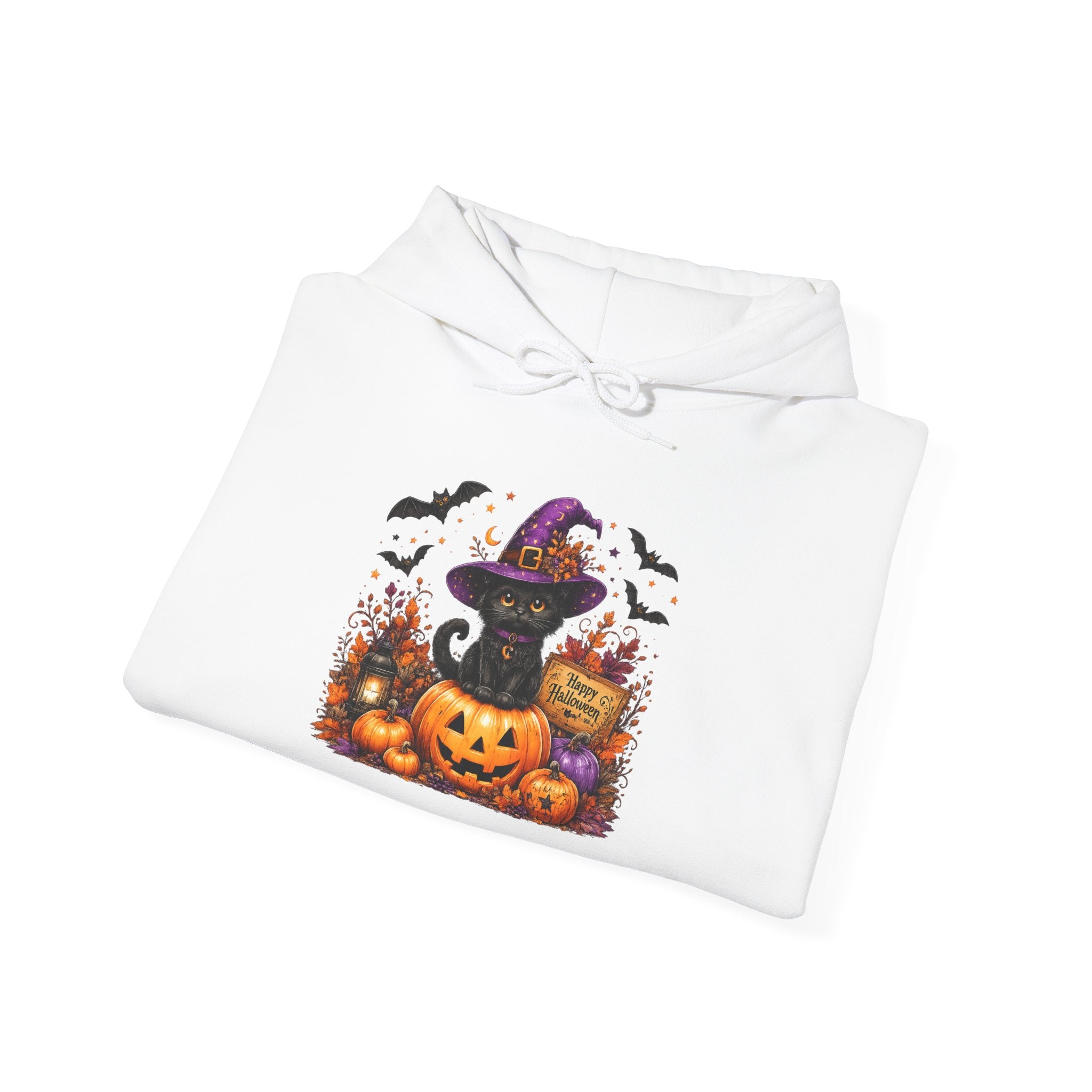Halloween Cat & Jack-O’-Lantern Hoodie — Witch Hat Black Cat Pumpkin Design