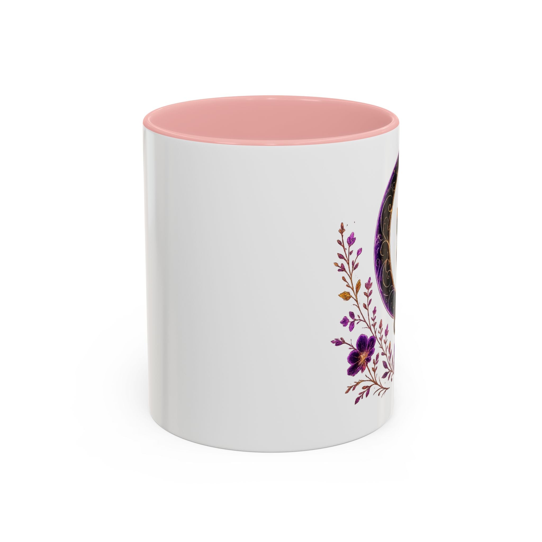 Mystic Black Cat Crescent Moon Accent Mug — Purple Floral Coffee Cup (11/15oz)