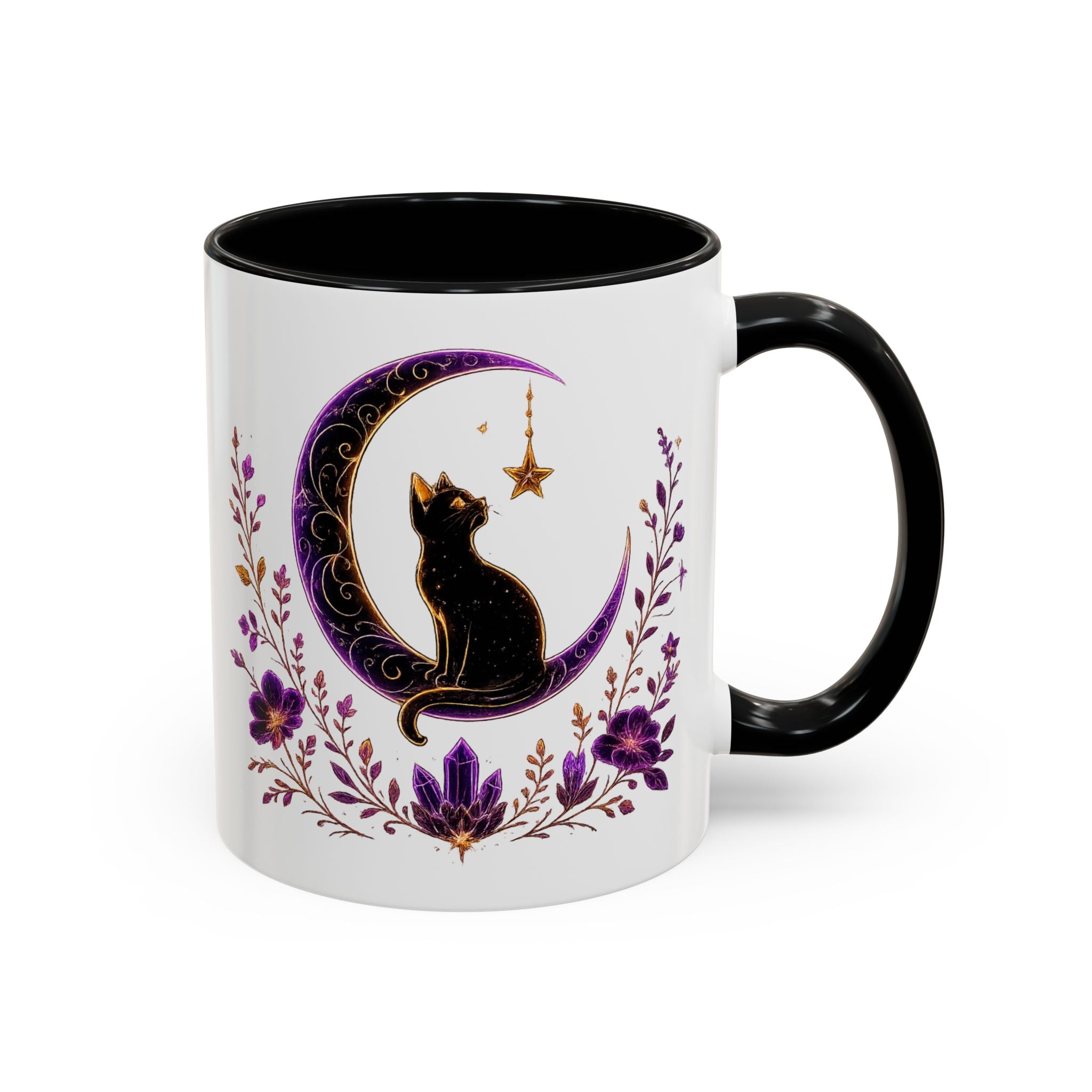 Mystic Black Cat Crescent Moon Accent Mug — Purple Floral Coffee Cup (11/15oz)