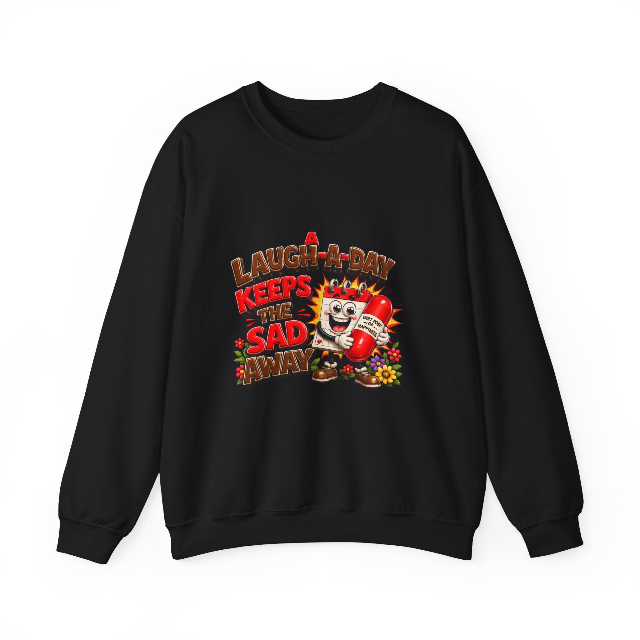 Crewneck Sweatshirt — "A Laugh a Day Keeps the Sad Away" Retro Cartoon Graphic