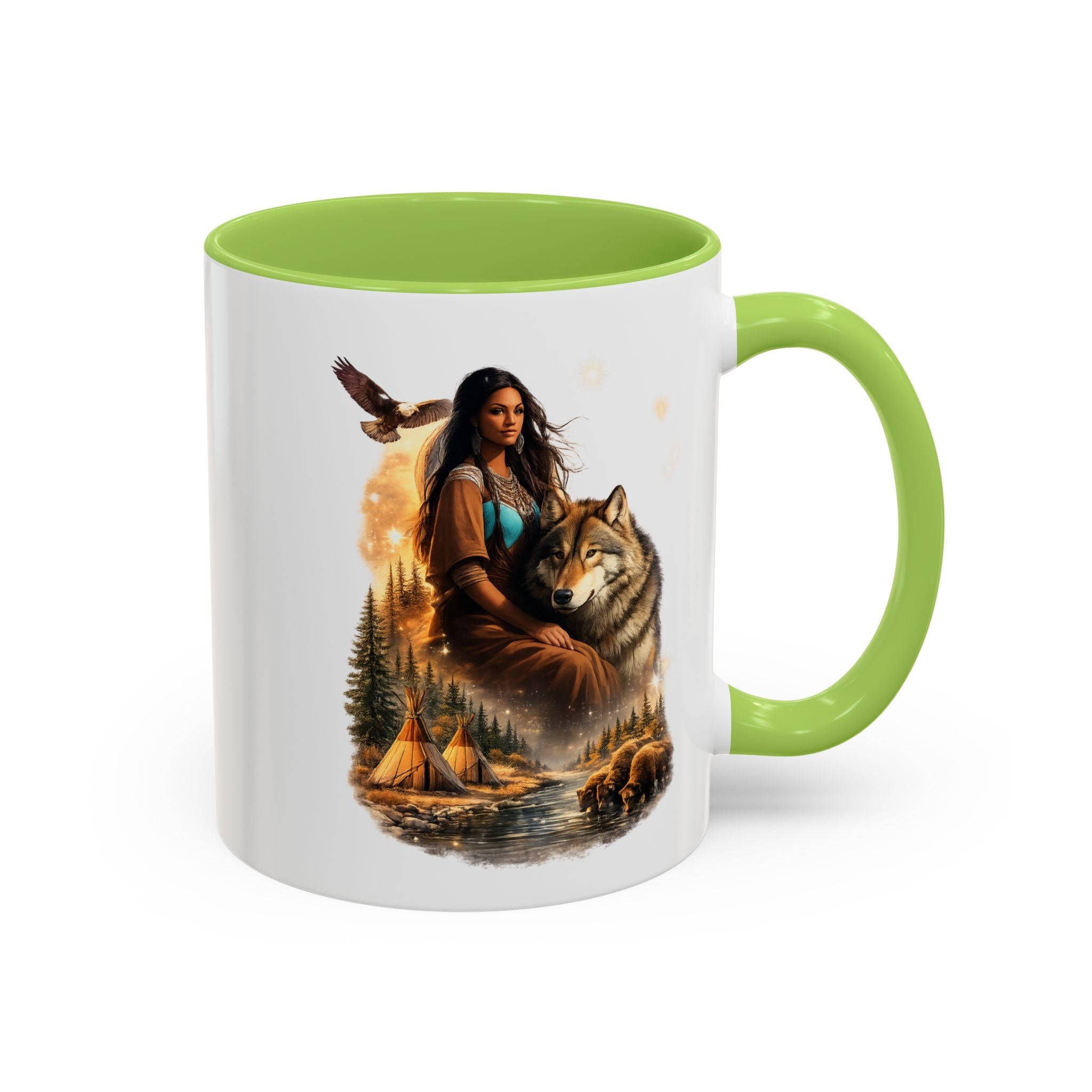 Native Spirit Accent Coffee Mug — Woman, Wolf & Teepee Scenic Artwork (11/15oz)