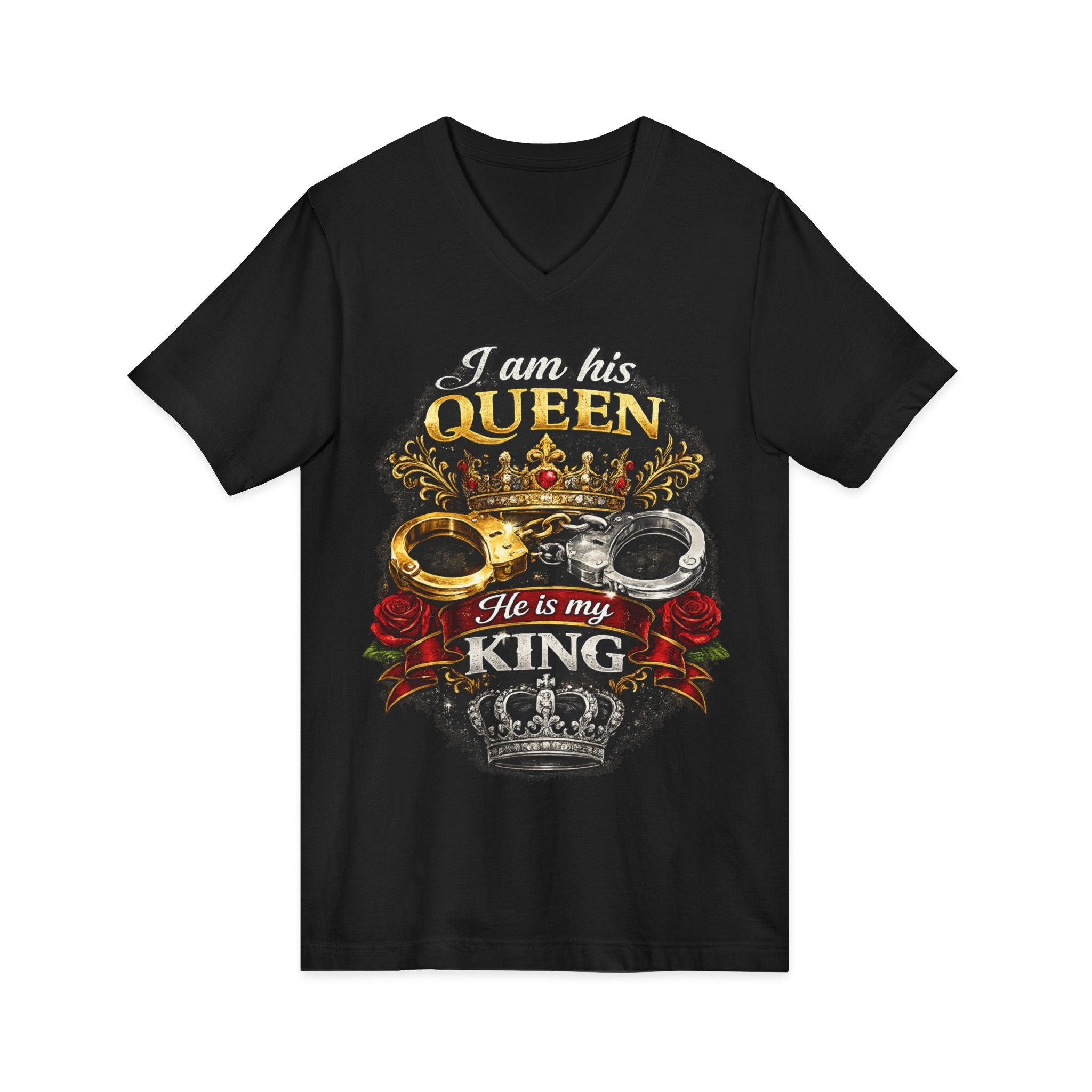 Queen & King Couples V-Neck Tee — "I Am His Queen, He Is My King" Floral Crown Design