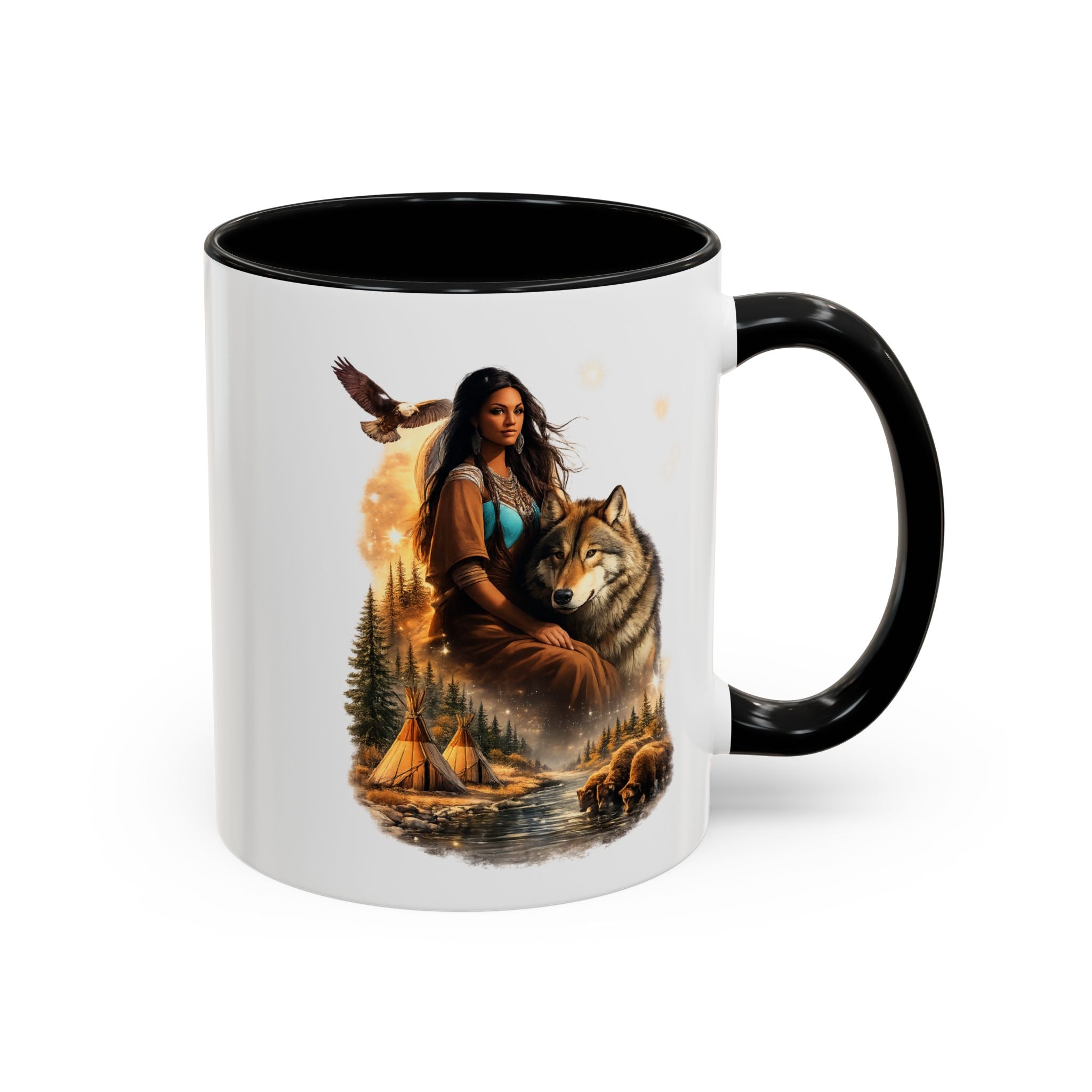 Native Spirit Accent Coffee Mug — Woman, Wolf & Teepee Scenic Artwork (11/15oz)