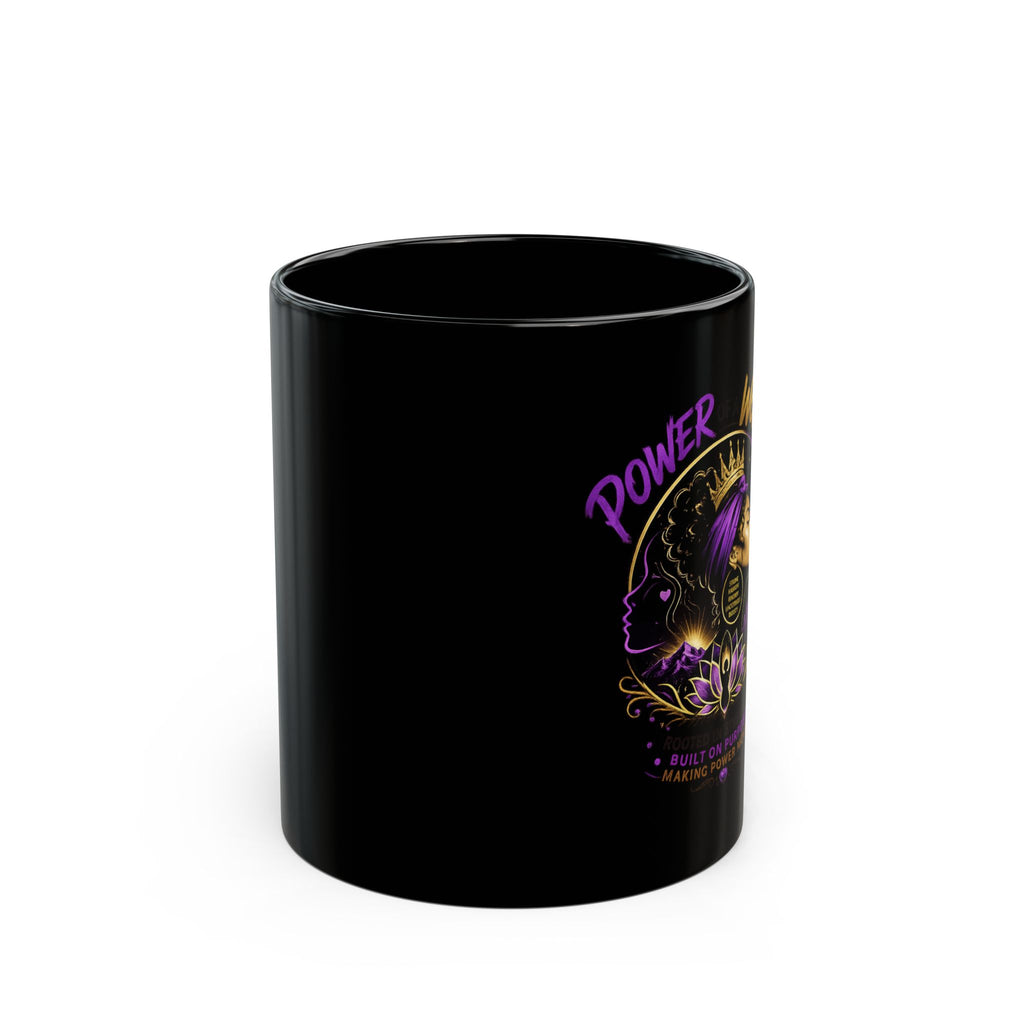 Power of a Woman Black Mug – Empowerment Coffee Cup with Afrocentric Portrait (11oz, 15oz)