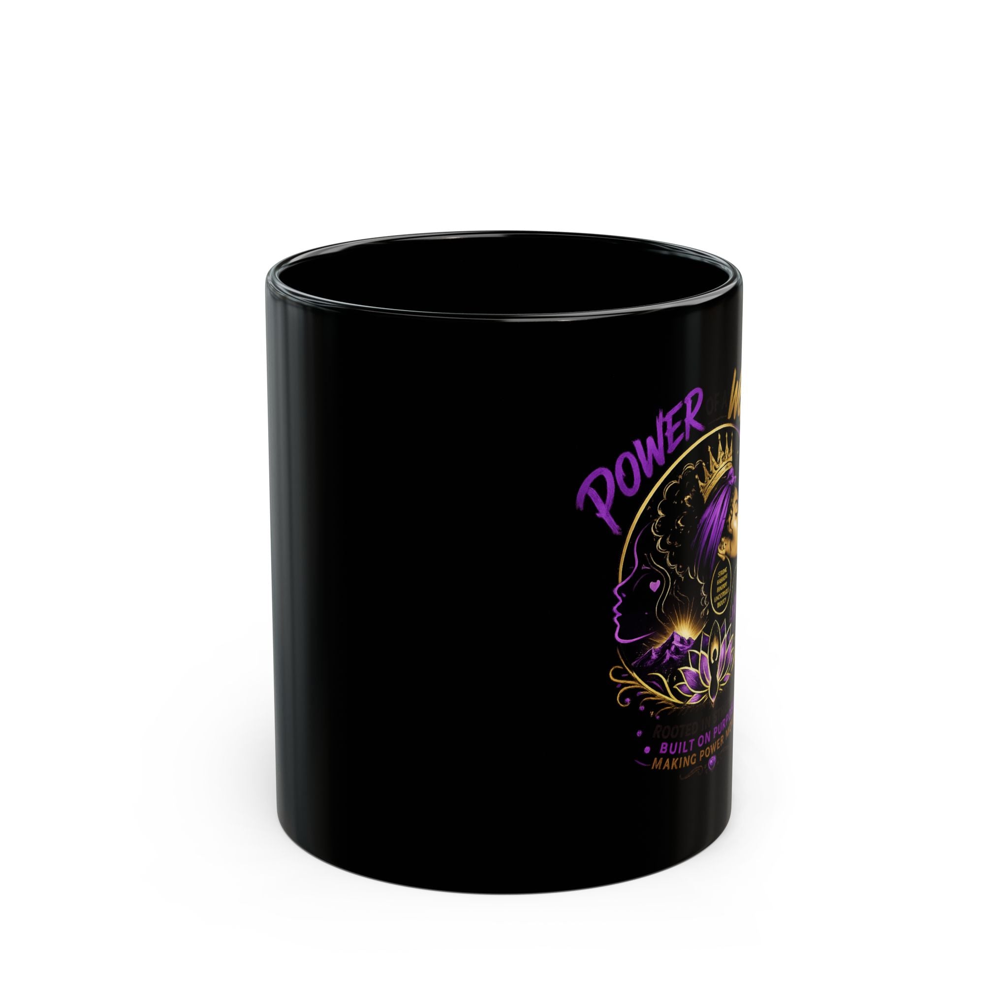 Power of a Woman Black Mug – Empowerment Coffee Cup with Afrocentric Portrait (11oz, 15oz)