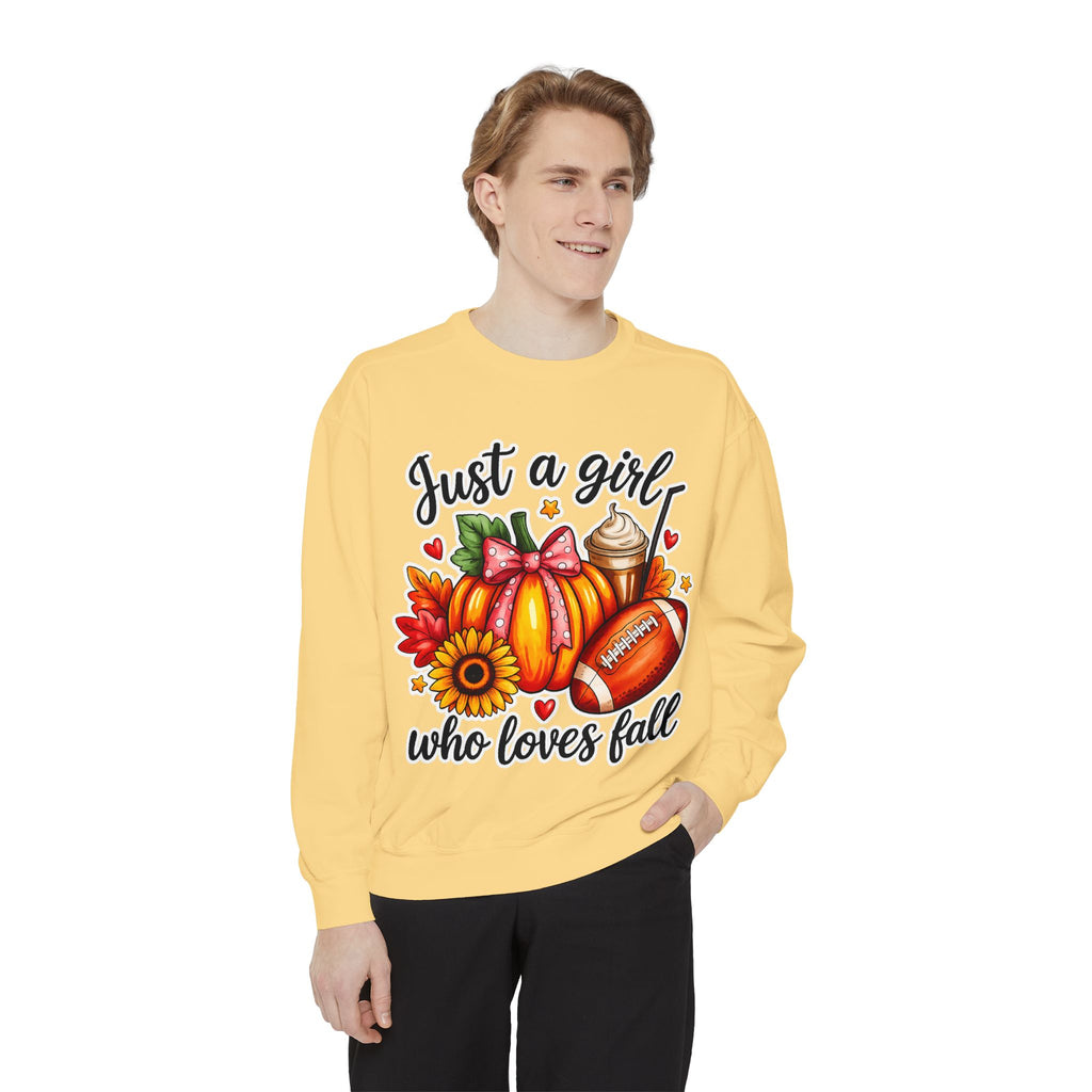 Fall Graphic Sweatshirt — "Just a girl who loves fall" Cozy Autumn Pullover