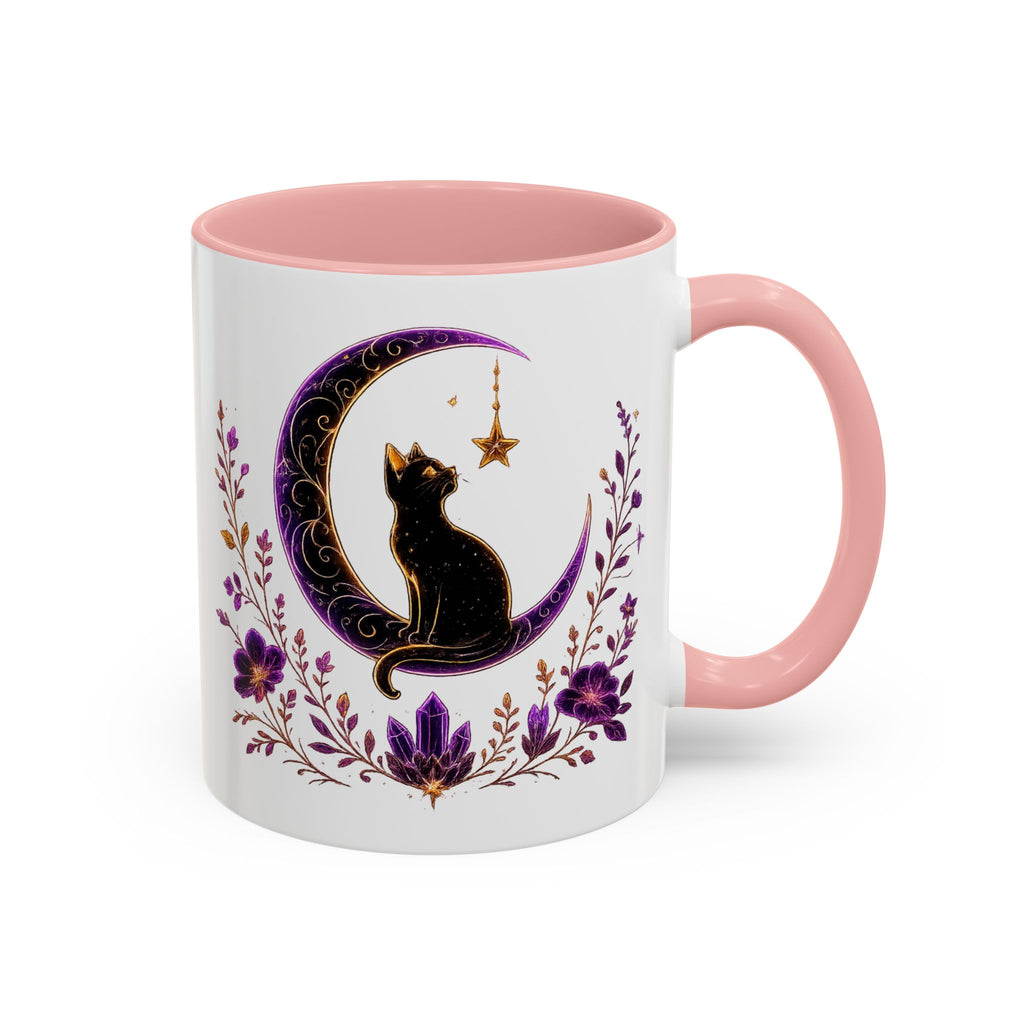 Mystic Black Cat Crescent Moon Accent Mug — Purple Floral Coffee Cup (11/15oz)