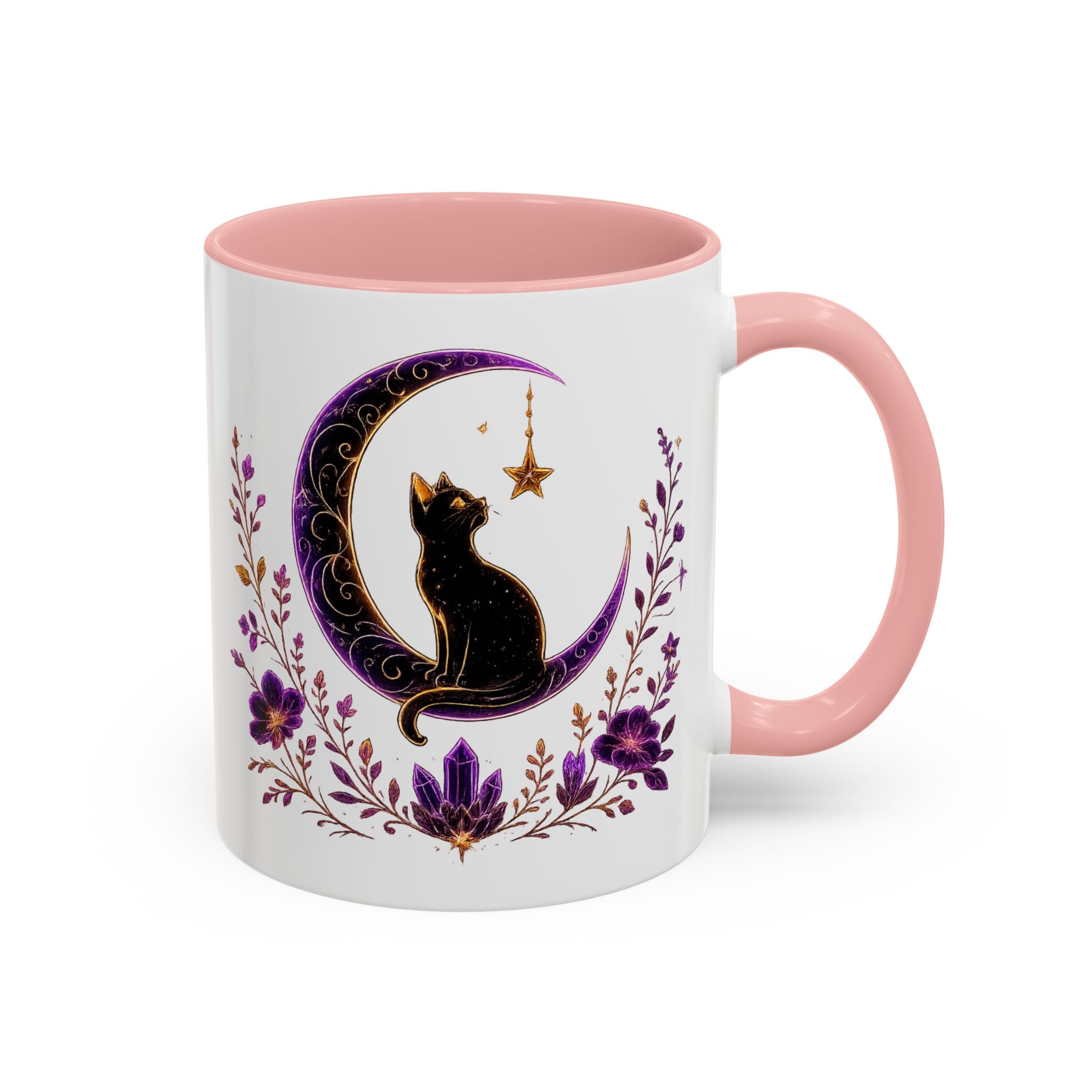 Mystic Black Cat Crescent Moon Accent Mug — Purple Floral Coffee Cup (11/15oz)