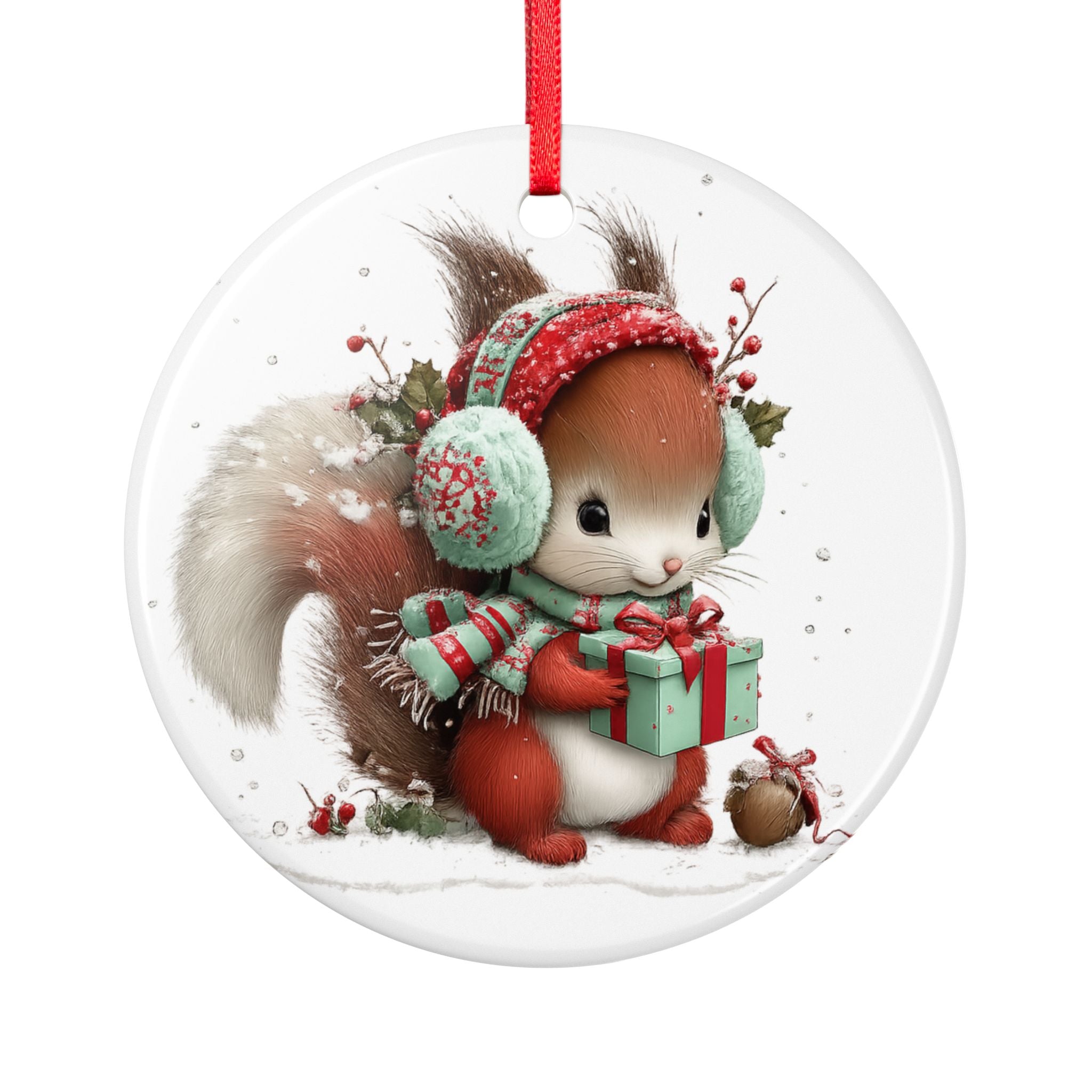 Cute Squirrel Christmas Ornament — Ceramic Holiday Tree Decoration with Gift