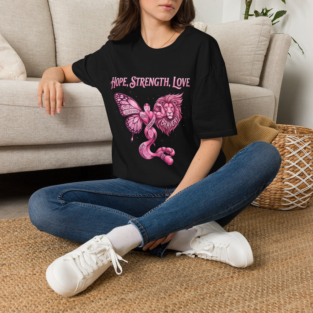 Hope, Strength, Love Breast Cancer Awareness T-Shirt — Pink Ribbon Survivor Lion Butterfly