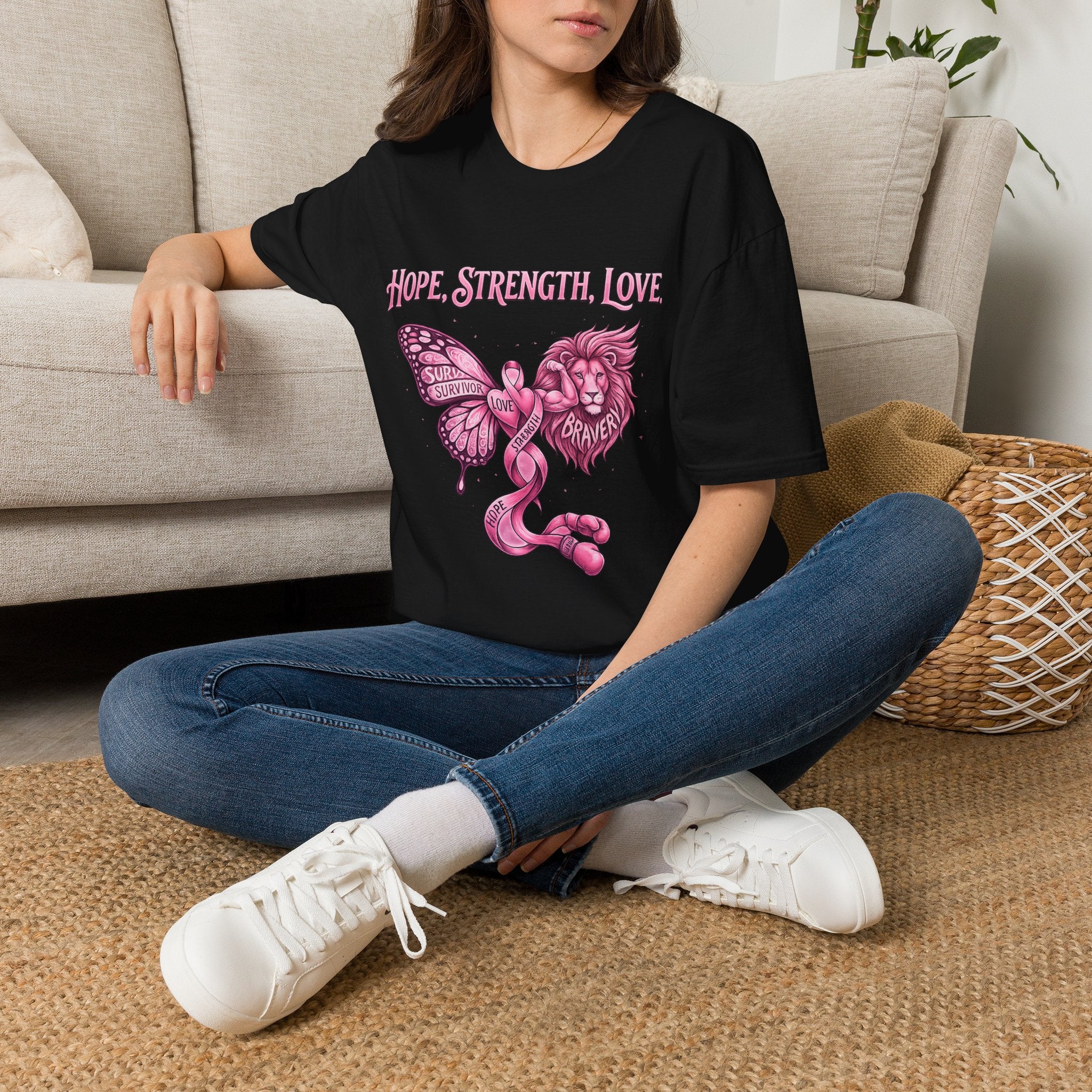 Hope, Strength, Love Breast Cancer Awareness T-Shirt — Pink Ribbon Survivor Lion Butterfly