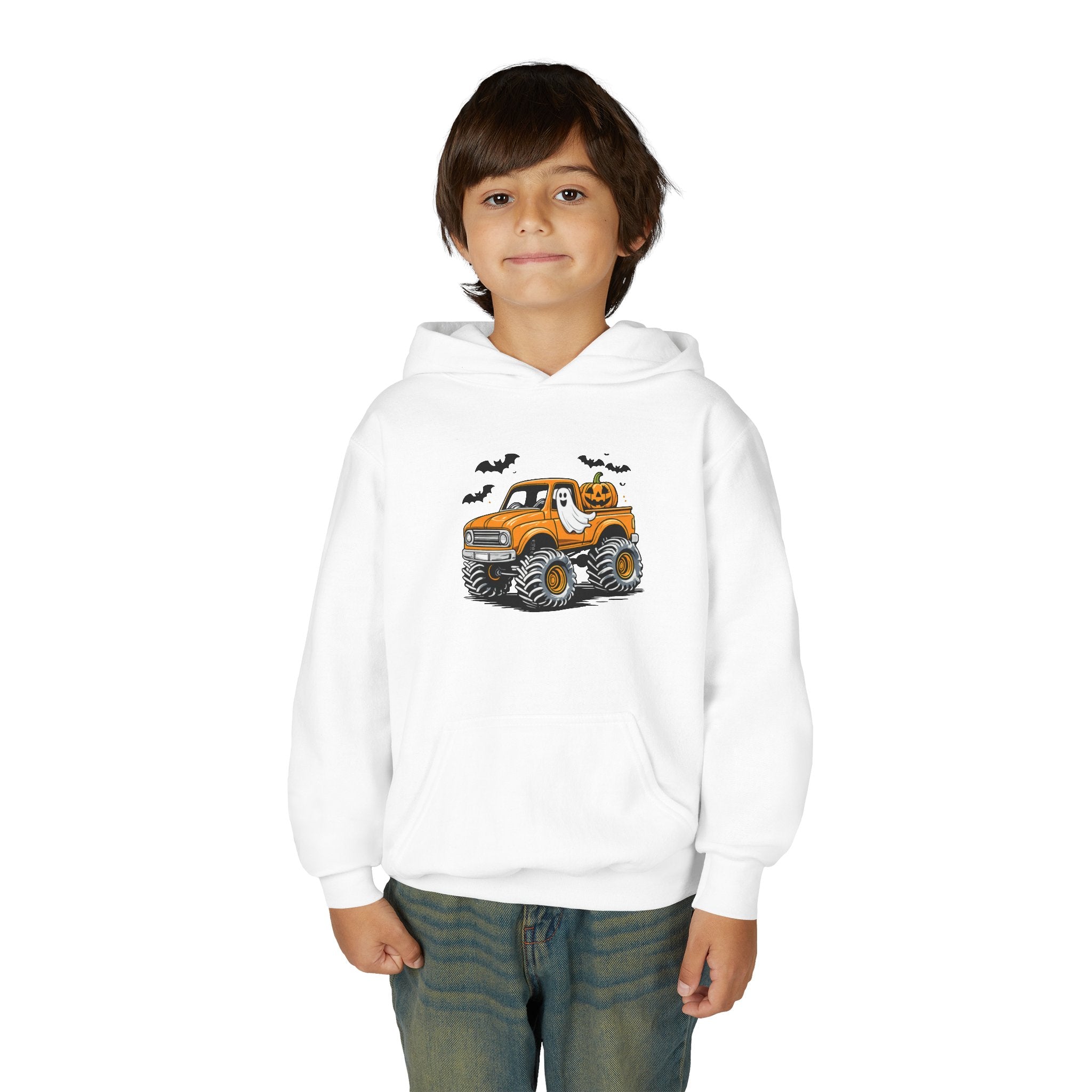 Youth Hoodie – Halloween Monster Truck Kids Pullover (Orange Truck with Bats)