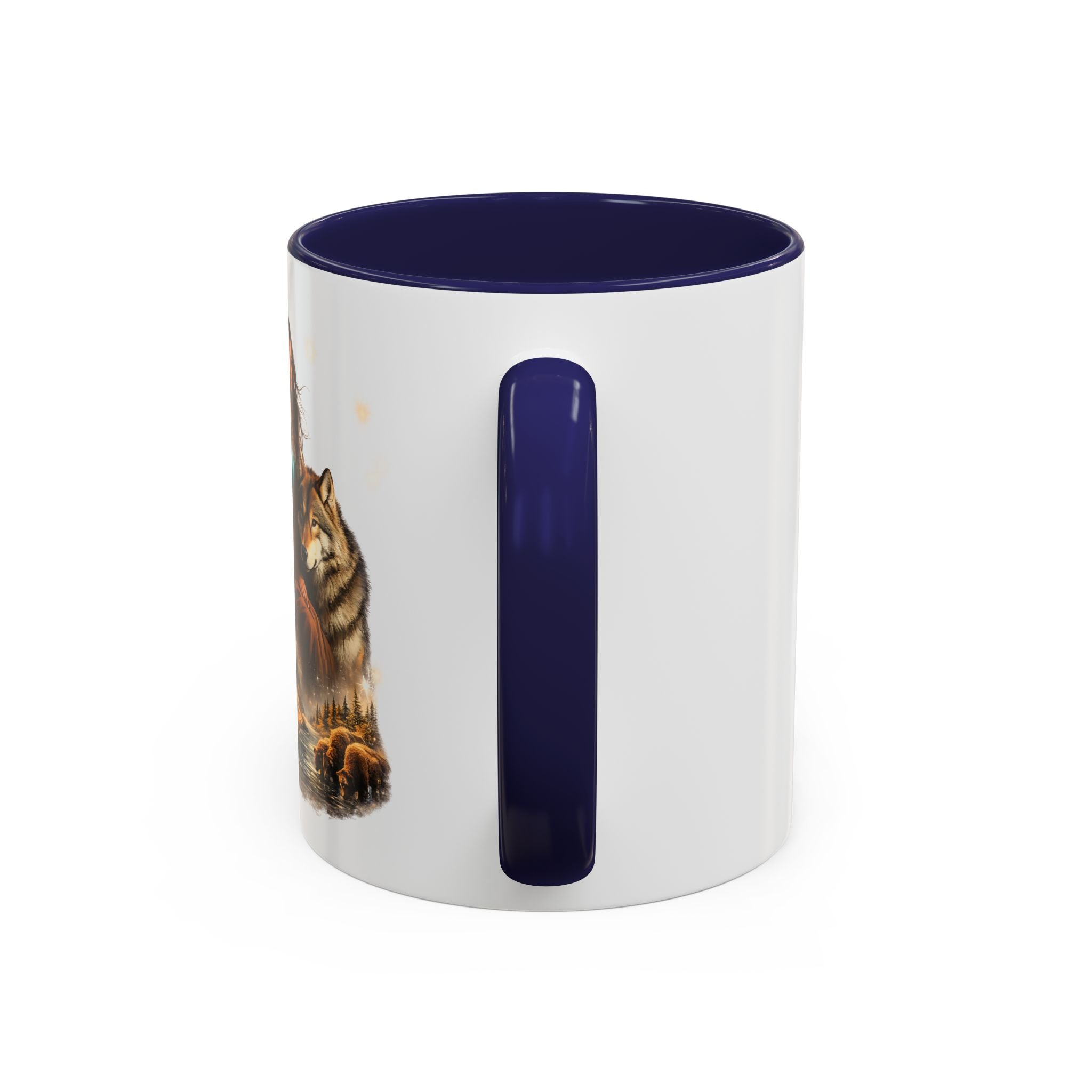 Native Spirit Accent Coffee Mug — Woman, Wolf & Teepee Scenic Artwork (11/15oz)