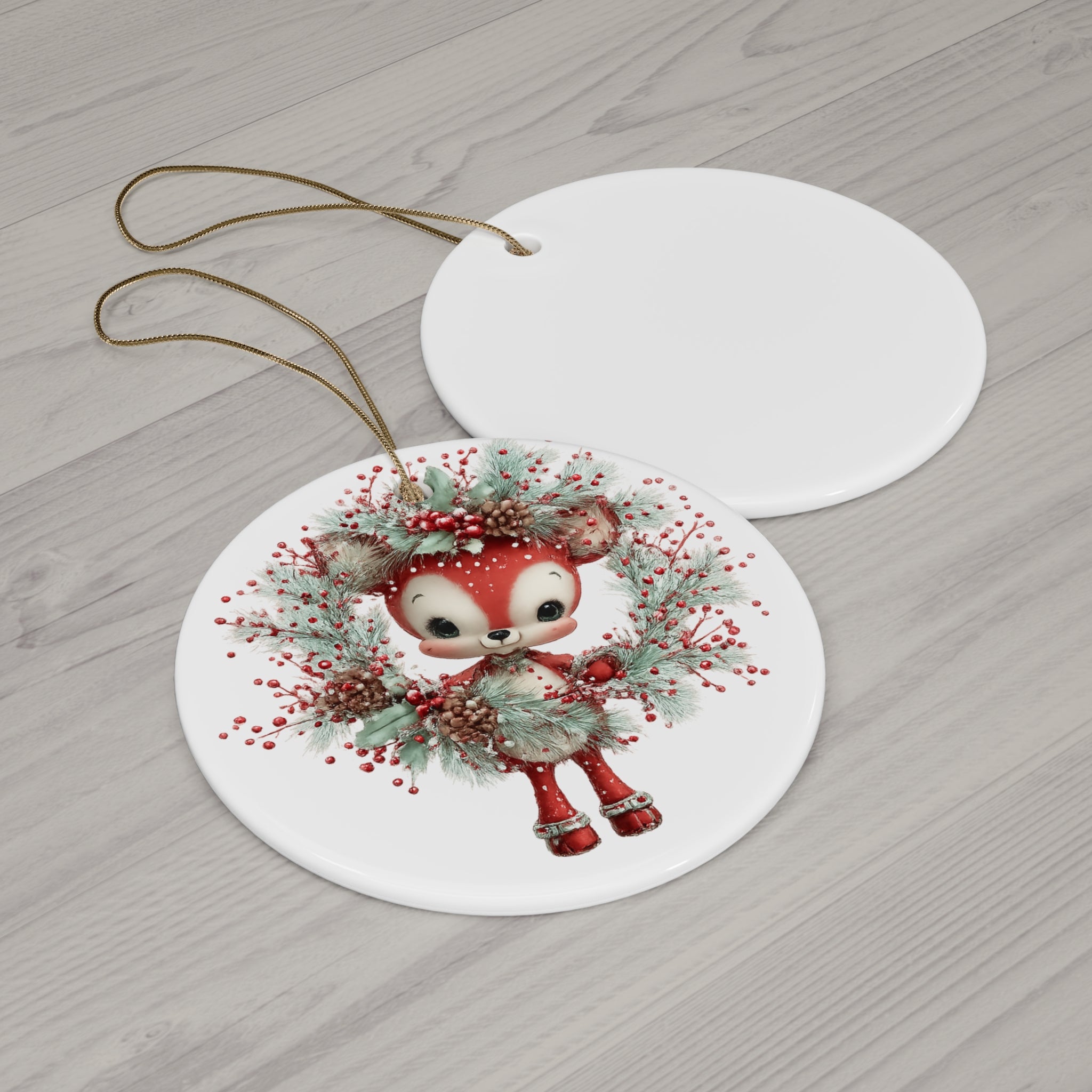 Cute Red Fox Wreath Ceramic Ornament — Holiday Christmas Tree Decoration